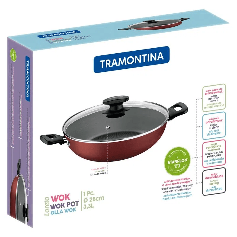 Wok Tramontina Paris Alumínio com Antiaderente Starflon Max Vermelho Tampa  de Vidro 36cm 6L 20545736 - CASA ATIVA LTDA